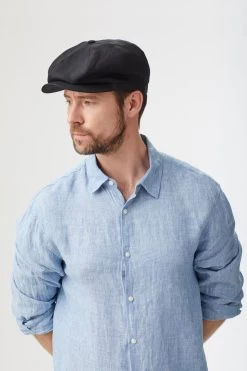 Tremelo Black Linen Bakerboy Cap -Hat Couture Shop TREMELO BLACK LINEN BAKERBOY CAP EDITED